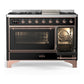 Ilve UM48FNR3BKPLP Ilve Um48Fnr3Bkplp Majestic Iii 48 Inch Dual Fuel Range With 8 Burners And Griddle, Dual Function Burner Up To 25,000 Btu (Liquid Propane, Triple Glass Door, Glossy Black, Copper)