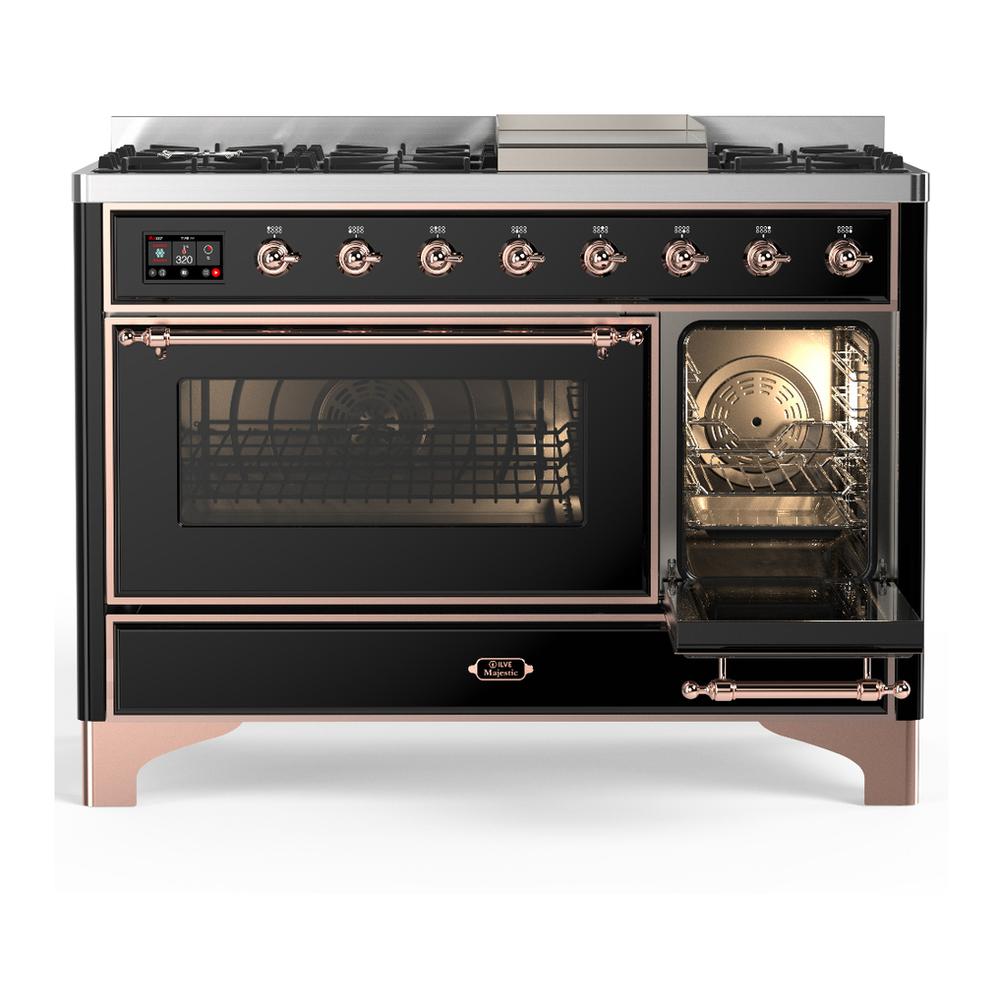 Ilve UM48FNR3BKPLP Ilve Um48Fnr3Bkplp Majestic Iii 48 Inch Dual Fuel Range With 8 Burners And Griddle, Dual Function Burner Up To 25,000 Btu (Liquid Propane, Triple Glass Door, Glossy Black, Copper)
