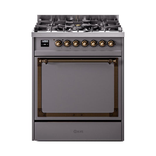 Ilve UN30QNMPMGB Ilve Un30Qnmpmgb Nostalgie Ii Noblesse 30" Dual Fuel Range (Natural Gas, Solid Door, Graphite Matte, Burnished)