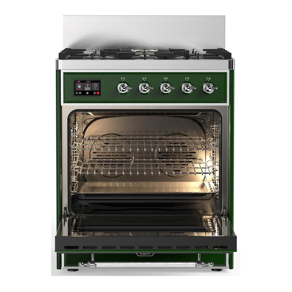 Ilve UM30QNR3EGC Ilve Um30Qnr3Egc Majestic Iii 30 Inch Dual Fuel Range With 5 Black Brass Burners, Dual Function Burner Up To 25,000 Btu (Natural Gas, Solid Door, Emerald Green, Chrome)