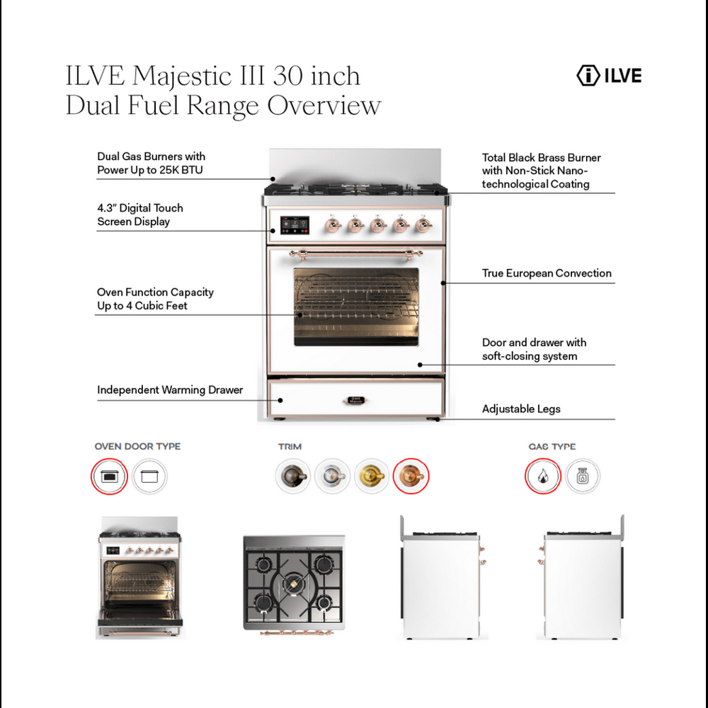 Ilve UM30NR3AWB Ilve Um30Nr3Awb Majestic Iii 30 Inch Dual Fuel Range With 5 Black Brass Burners, Dual Function Burner Up To 25,000 Btu (Natural Gas, Triple Glass Door, Antique White, Burnished)