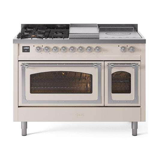 Ilve UN48FSNMPAWC Ilve Un48Fsnmpawc Nostalgie Ii Noblesse 48" Dual Fuel Range (5 Sealed Burners + Griddle + French Top, Natural Gas, Triple Glass Door, Antique White, Chrome)
