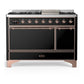 Ilve UM48FQNR3BKPLP Ilve Um48Fqnr3Bkplp Majestic Iii 48 Inch Dual Fuel Range With 8 Burners And Griddle, Dual Function Burner Up To 25,000 Btu (Liquid Propane, Solid Door, Glossy Black, Copper)
