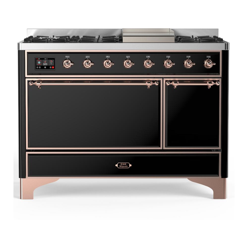 Ilve UM48FQNR3BKPLP Ilve Um48Fqnr3Bkplp Majestic Iii 48 Inch Dual Fuel Range With 8 Burners And Griddle, Dual Function Burner Up To 25,000 Btu (Liquid Propane, Solid Door, Glossy Black, Copper)