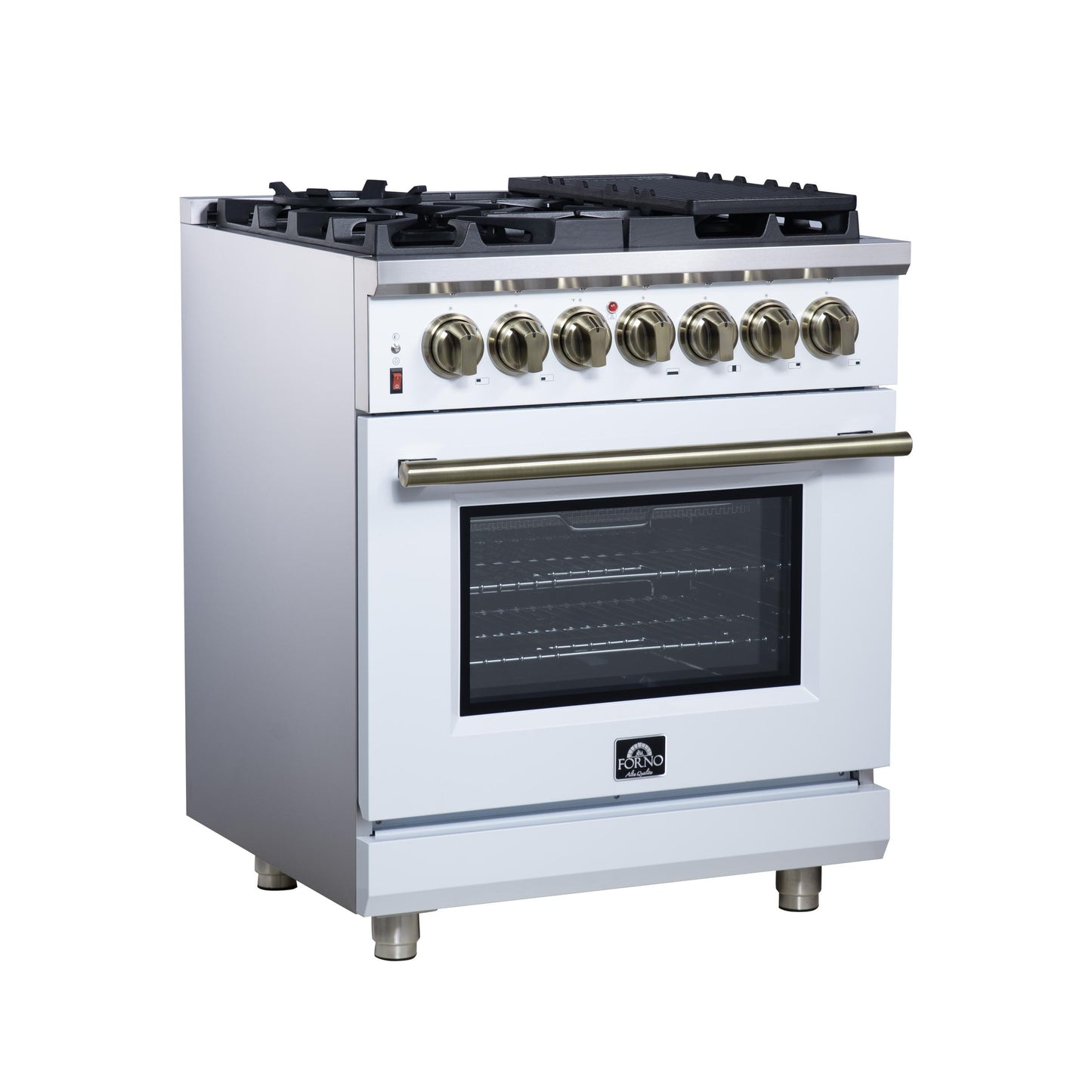 Forno FFSGS612530WHT Forno Massimo 30-Inch Freestanding Dual Fuel Range In White With Antique Brass Accessories, 4 Burners, 4.32 Cu. Ft. Convection Oven