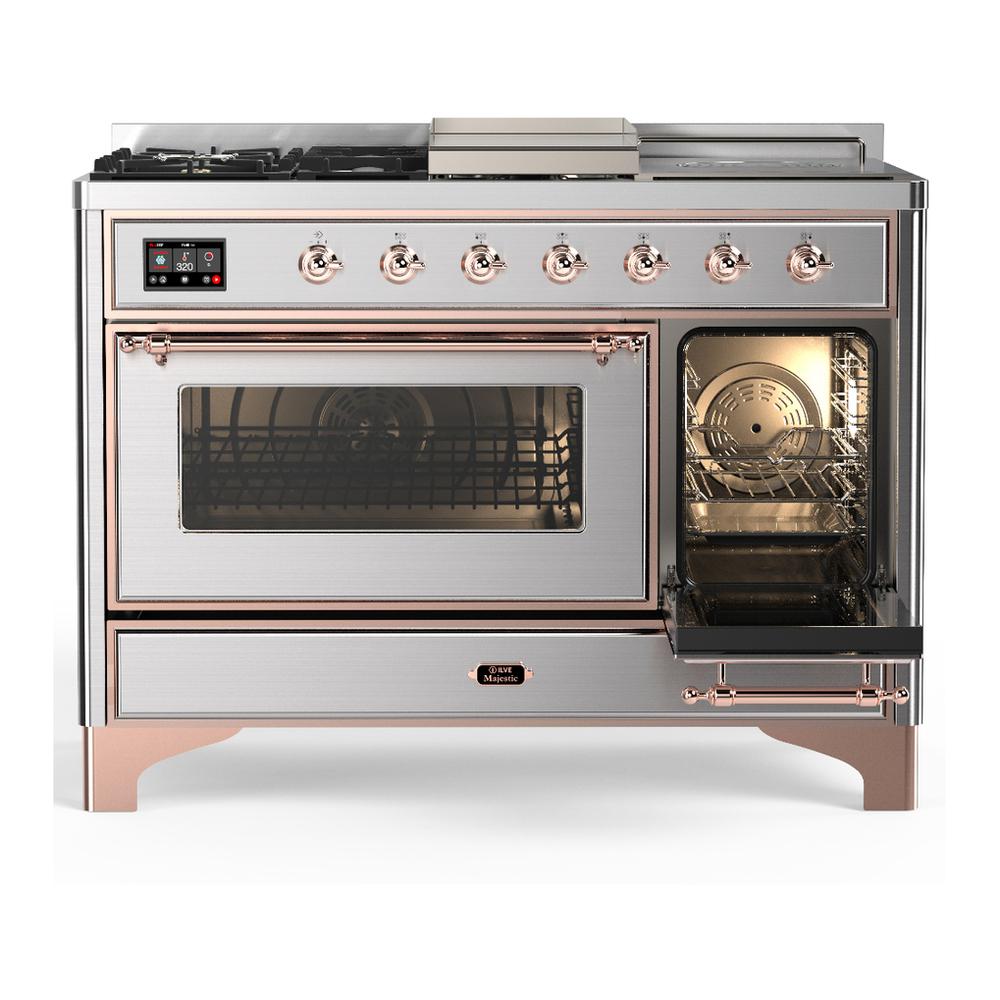 Ilve UM48FSNR3SSP Ilve Um48Fsnr3Ssp Majestic Iii 48 Inch Dual Fuel Range With 5 Black Brass Burners, Griddle And French Top, Dual Function Burner Up To 25,000 Btu (Natural Gas, Triple Glass Door, Stainless Steel, Copper)