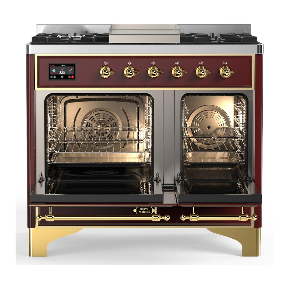 Ilve UMD40FNR3BUGLP Ilve Umd40Fnr3Buglp Majestic Iii 40 Inch Dual Fuel Range With 6 Burners And Griddle, Dual Function Burner Up To 25,000 Btu (Liquid Propane, Triple Glass Door, Burgundy, Brass)