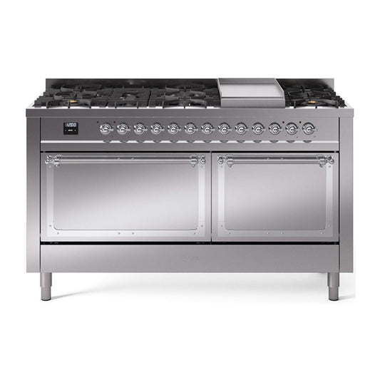 Ilve UN60FQNMPSSC Ilve Un60Fqnmpssc Nostalgie Ii Noblesse 60" Dual Fuel Range (9 Sealed Burners + Griddle, Natural Gas, Solid Door, Stainless Steel, Chrome)