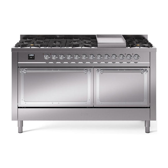 Ilve UN60FQNMPSSC Ilve Un60Fqnmpssc Nostalgie Ii Noblesse 60" Dual Fuel Range (9 Sealed Burners + Griddle, Natural Gas, Solid Door, Stainless Steel, Chrome)