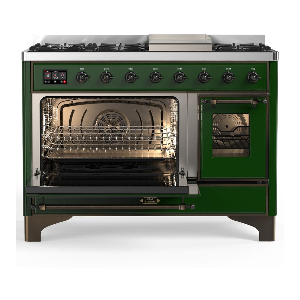 Ilve UM48FNR3EGB Ilve Um48Fnr3Egb Majestic Iii 48 Inch Dual Fuel Range With 8 Burners And Griddle, Dual Function Burner Up To 25,000 Btu (Natural Gas, Triple Glass Door, Emerald Green, Burnished)