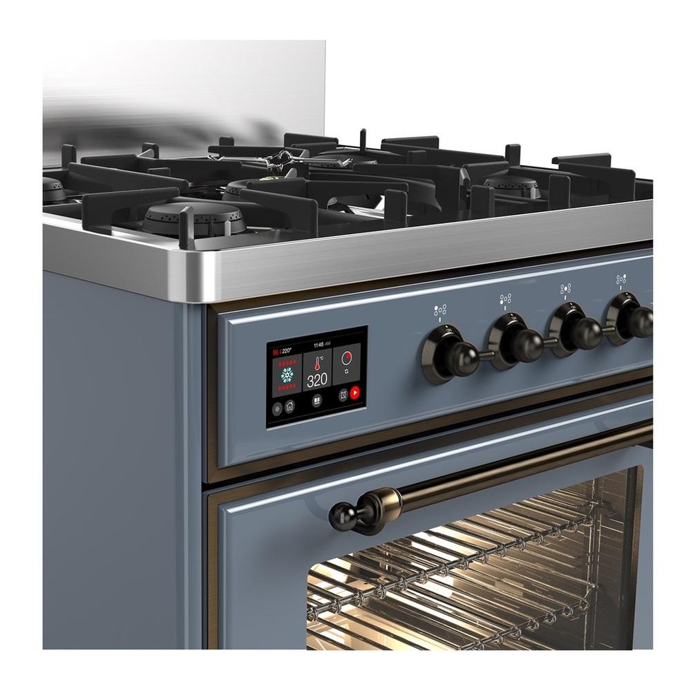 Ilve UM30NR3BGB Ilve Um30Nr3Bgb Majestic Iii 30 Inch Dual Fuel Range With 5 Black Brass Burners, Dual Function Burner Up To 25,000 Btu (Natural Gas, Triple Glass Door, Blue Grey, Burnished)
