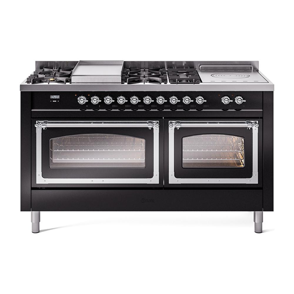 Ilve UN60FSNMPBKC Ilve Un60Fsnmpbkc Nostalgie Ii Noblesse 60" Dual Fuel Range (7 Sealed Burners + Griddle + French Top, Natural Gas, Triple Glass Door, Glossy Black, Chrome)