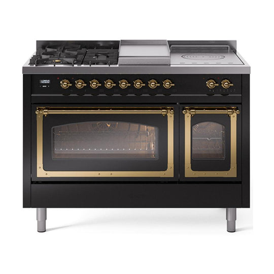 Ilve UN48FSNMPBKGLP Ilve Un48Fsnmpbkglp Nostalgie Ii Noblesse 48" Dual Fuel Range (5 Sealed Burners + Griddle + French Top, Liquid Propane, Triple Glass Door, Glossy Black, Brass)