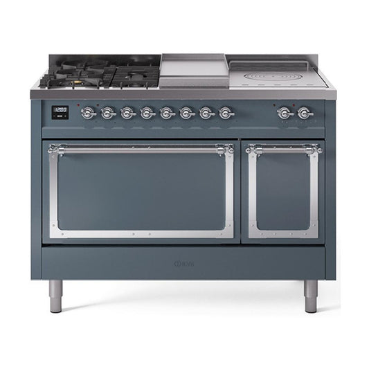 Ilve UN48FSQNMPBGCLP Ilve Un48Fsqnmpbgclp Nostalgie Ii Noblesse 48" Dual Fuel Range (5 Sealed Burners + Griddle + French Top, Liquid Propane, Solid Door, Blue Grey, Chrome)
