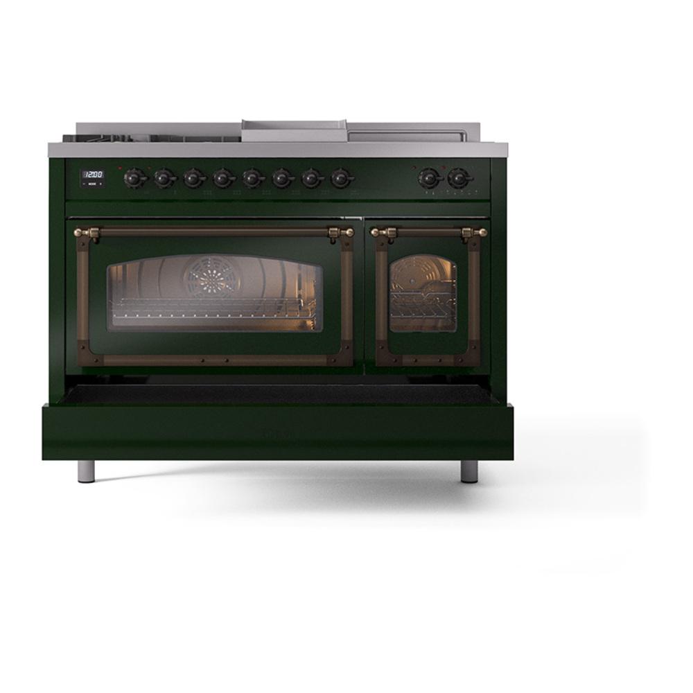 Ilve UN48FSNMPEGB Ilve Un48Fsnmpegb Nostalgie Ii Noblesse 48" Dual Fuel Range (5 Sealed Burners + Griddle + French Top, Natural Gas, Triple Glass Door, Emerald Green, Burnished)