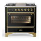 Ilve UM36FNR3BKG Ilve Um36Fnr3Bkg Majestic Iii 36 Inch Dual Fuel Range With 6 Black Brass Burners And Griddle, Dual Function Burner Up To 25,000 Btu (Triple Glass Door, Glossy Black, Brass, Natural Gas)