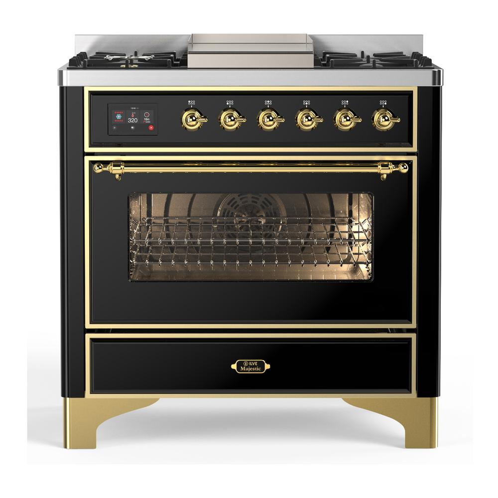 Ilve UM36FNR3BKG Ilve Um36Fnr3Bkg Majestic Iii 36 Inch Dual Fuel Range With 6 Black Brass Burners And Griddle, Dual Function Burner Up To 25,000 Btu (Triple Glass Door, Glossy Black, Brass, Natural Gas)