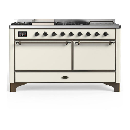 Ilve UM60FSQNR3AWB Ilve Um60Fsqnr3Awb Majestic Iii 60 Inch Dual Fuel Range With 7 Burners, Griddle And French Top, Dual Function Burner With Up To 25,000 Btu (Natural Gas, Solid Door, Antique White, Burnished)