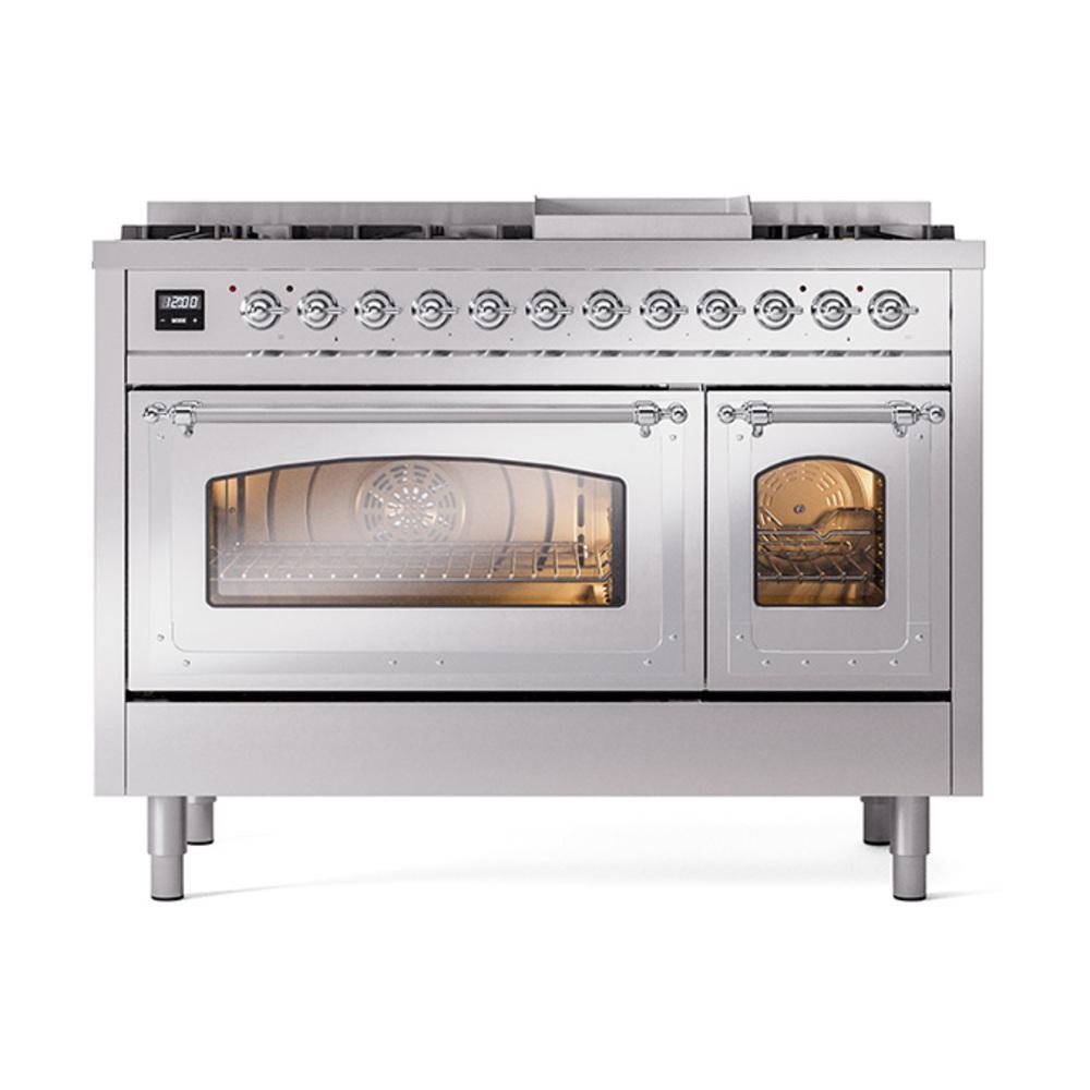 Ilve UN48FNMPSSC Ilve Un48Fnmpssc Nostalgie Ii Noblesse 48" Dual Fuel Range (8 Sealed Burners + Griddle, Natural Gas, Triple Glass Door, Stainless Steel, Chrome)