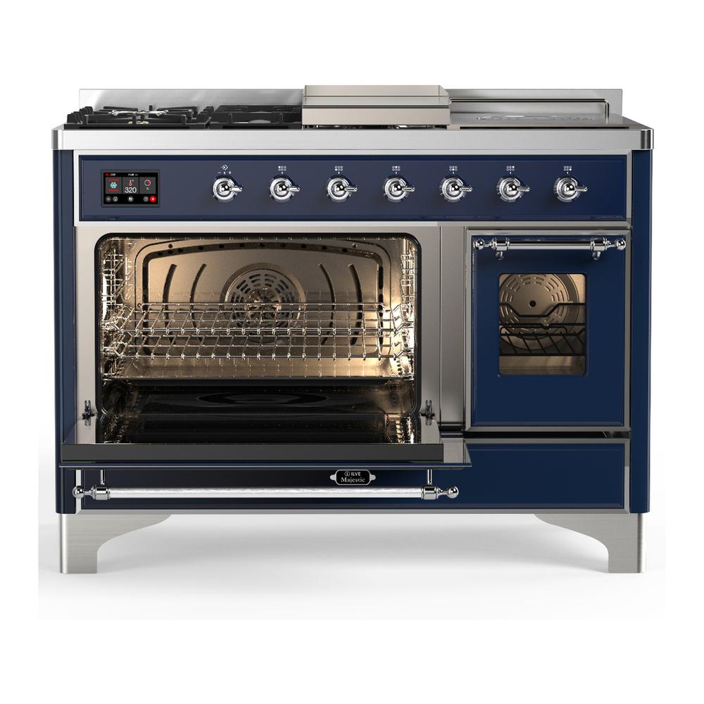 Ilve UM48FSNR3MBC Ilve Um48Fsnr3Mbc Majestic Iii 48 Inch Dual Fuel Range With 5 Black Brass Burners, Griddle And French Top, Dual Function Burner Up To 25,000 Btu (Natural Gas, Triple Glass Door, Midnight Blue, Chrome)