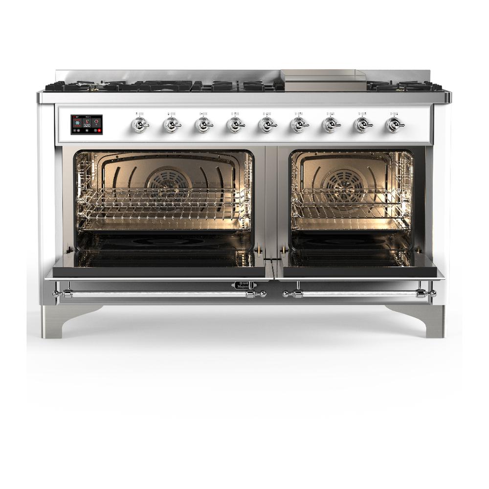 Ilve UM60FQNR3WHCLP Ilve Um60Fqnr3Whclp Majestic Iii 60 Inch Dual Fuel Range With 9 Burners And Griddle, Dual Function Burner Up To 25,000 Btu (Liquid Propane, Solid Door, White, Chrome)