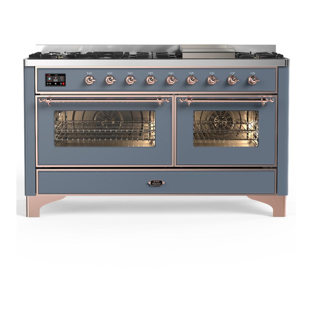 Ilve UM60FNR3BGPLP Ilve Um60Fnr3Bgplp Majestic Iii 60 Inch Dual Fuel Range With 9 Burners And Griddle, Dual Function Burner Up To 25,000 Btu (Liquid Propane, Triple Glass Door, Blue Grey, Copper)