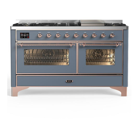 Ilve UM60FNR3BGPLP Ilve Um60Fnr3Bgplp Majestic Iii 60 Inch Dual Fuel Range With 9 Burners And Griddle, Dual Function Burner Up To 25,000 Btu (Liquid Propane, Triple Glass Door, Blue Grey, Copper)