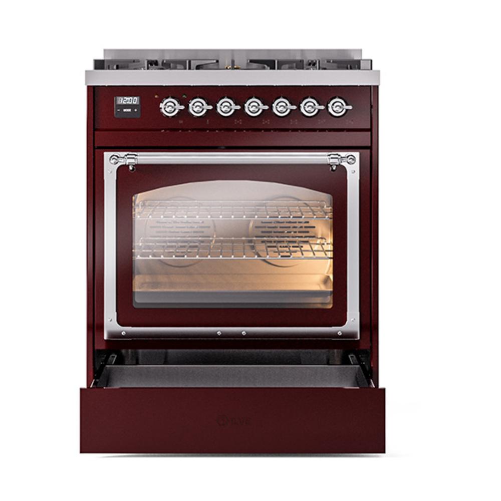 Ilve UN30NMPBUCLP Ilve Un30Nmpbuclp Nostalgie Ii Noblesse 30" Dual Fuel Range (Liquid Propane, Triple Glass Door, Burgundy, Chrome)
