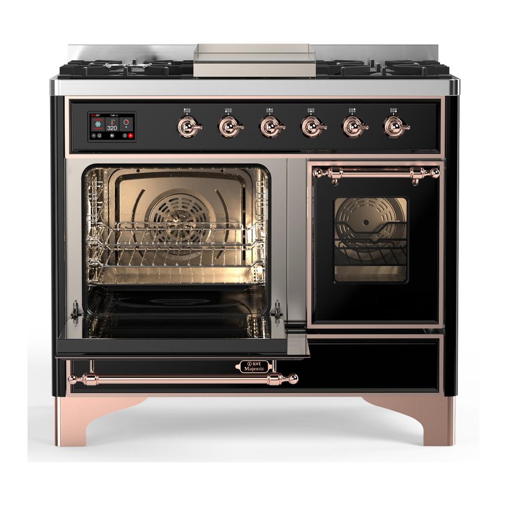 Ilve UMD40FNR3BKPLP Ilve Umd40Fnr3Bkplp Majestic Iii 40 Inch Dual Fuel Range With 6 Burners And Griddle, Dual Function Burner Up To 25,000 Btu (Liquid Propane, Triple Glass Door, Glossy Black, Copper)
