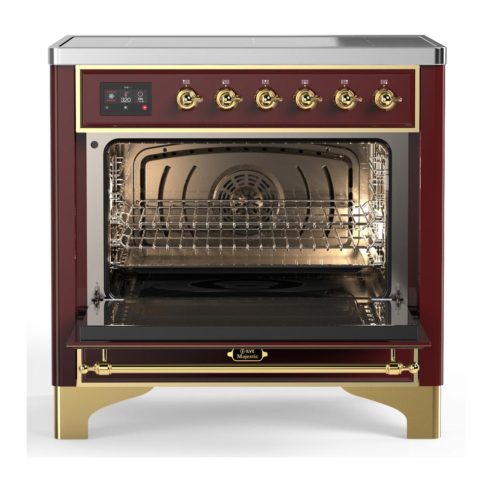 Ilve UMIB36QNR3BUG Ilve Umib36Qnr3Bug Majestic Iii 36 Inch Induction Range With 6 Elements, 3.5 Cu. Ft. Total Oven Capacity (Solid Door, Burgundy, Brass)