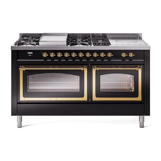 Ilve UN60FSNMPBKG Ilve Un60Fsnmpbkg Nostalgie Ii Noblesse 60" Dual Fuel Range (7 Sealed Burners + Griddle + French Top, Natural Gas, Triple Glass Door, Glossy Black, Brass)
