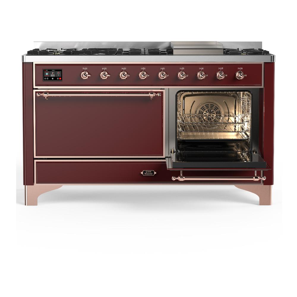 Ilve UM60FQNR3BUP Ilve Um60Fqnr3Bup Majestic Iii 60 Inch Dual Fuel Range With 9 Burners And Griddle, Dual Function Burner Up To 25,000 Btu (Natural Gas, Solid Door, Burgundy, Copper)