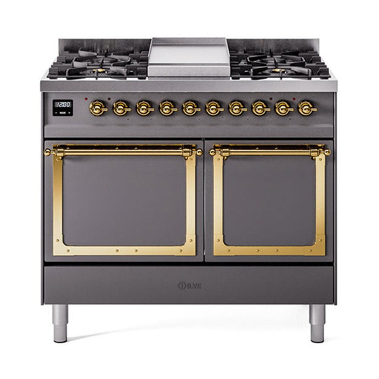 Ilve UND40FQNMPMGG Ilve Und40Fqnmpmgg Nostalgie Ii Noblesse 40" Dual Fuel Range (Natural Gas, Solid Door, Graphite Matte, Brass)
