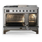 Ilve UM48FSNR3SSB Ilve Um48Fsnr3Ssb Majestic Iii 48 Inch Dual Fuel Range With 5 Black Brass Burners, Griddle And French Top, Dual Function Burner Up To 25,000 Btu (Natural Gas, Triple Glass Door, Stainless Steel, Burnished)