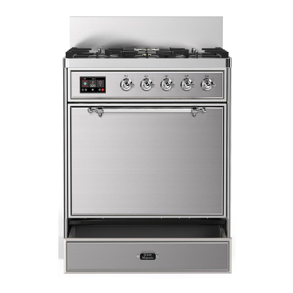 Ilve UM30QNR3SSC Ilve Um30Qnr3Ssc Majestic Iii 30 Inch Dual Fuel Range With 5 Black Brass Burners, Dual Function Burner Up To 25,000 Btu (Natural Gas, Solid Door, Stainless Steel, Chrome)
