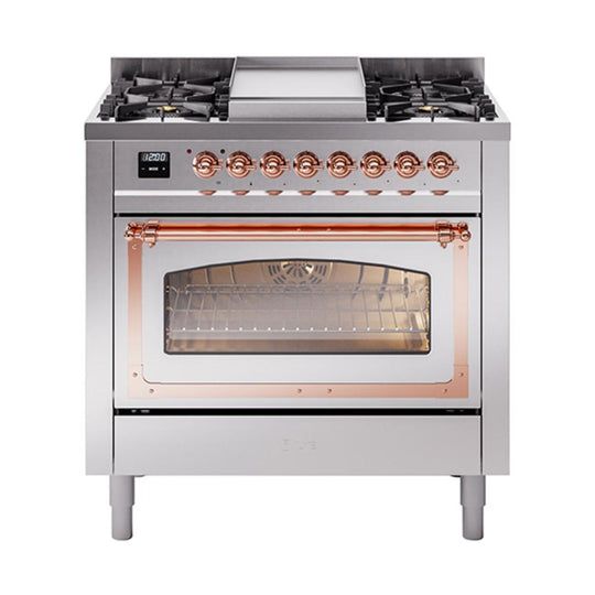 Ilve UN36FNMPSSP Ilve Un36Fnmpssp Nostalgie Ii Noblesse 36" Dual Fuel Range (Natural Gas, Triple Glass Door, Stainless Steel, Copper)