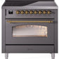 Ilve UPI366NMPMGG Nostalgie Ii 36 Inch Electric Freestanding Range In Matte Graphite With Brass Trim
