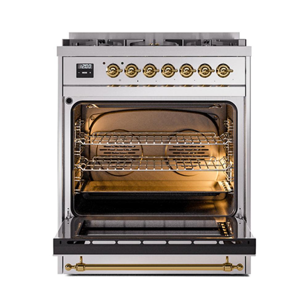 Ilve UN30NMPSSG Ilve Un30Nmpssg Nostalgie Ii Noblesse 30" Dual Fuel Range (Natural Gas, Triple Glass Door, Stainless Steel, Brass)