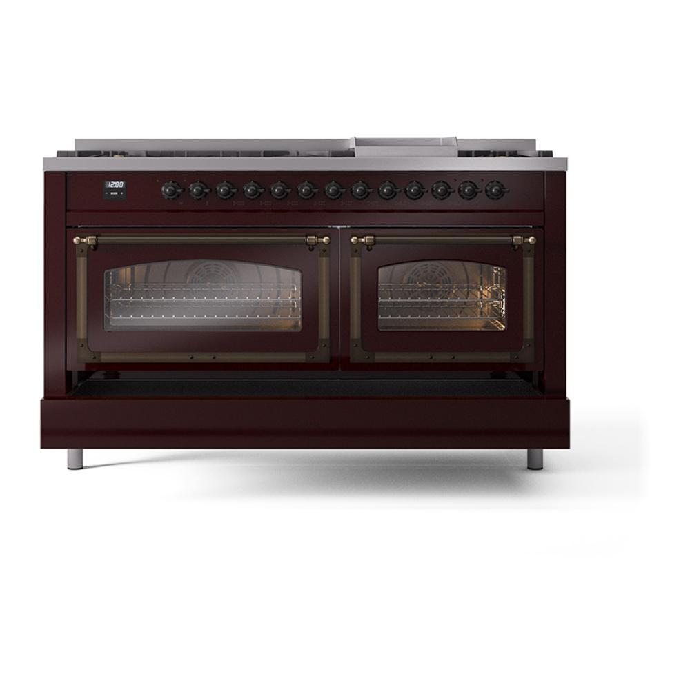 Ilve UN60FNMPBUBLP Ilve Un60Fnmpbublp Nostalgie Ii Noblesse 60" Dual Fuel Range (9 Sealed Burners + Griddle, Liquid Propane, Triple Glass Door, Burgundy, Burnished)