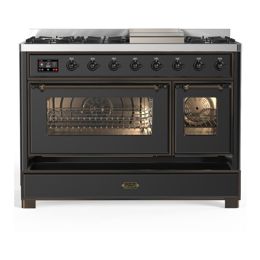 Ilve UM48FNR3MGBLP Ilve Um48Fnr3Mgblp Majestic Iii 48 Inch Dual Fuel Range With 8 Burners And Griddle, Dual Function Burner Up To 25,000 Btu (Liquid Propane, Triple Glass Door, Graphite Matte, Burnished)
