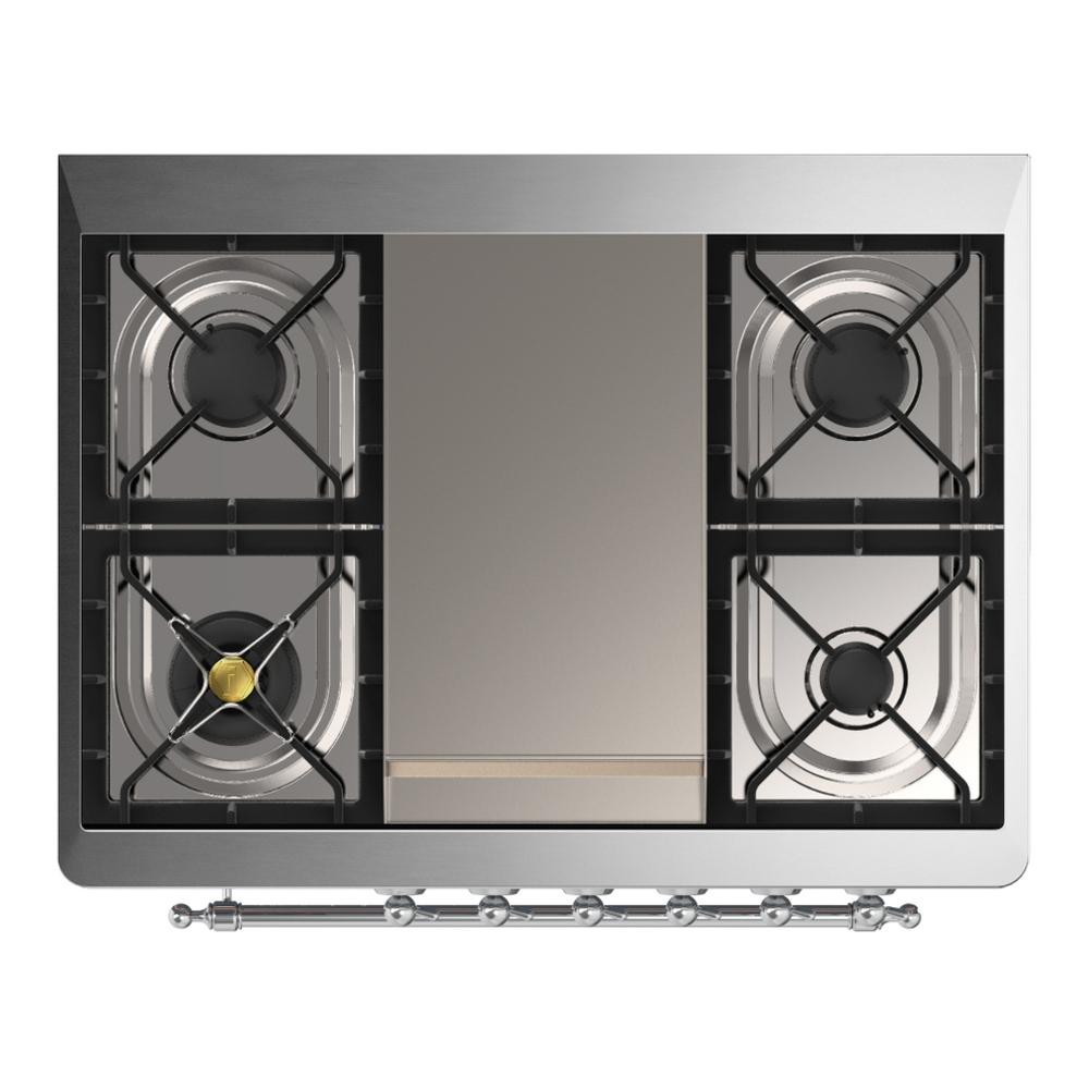 Ilve UM36FNR3MGC Ilve Um36Fnr3Mgc Majestic Iii 36 Inch Dual Fuel Range With 6 Black Brass Burners And Griddle, Dual Function Burner Up To 25,000 Btu (Triple Glass Door, Graphite Matte, Chrome, Natural Gas)