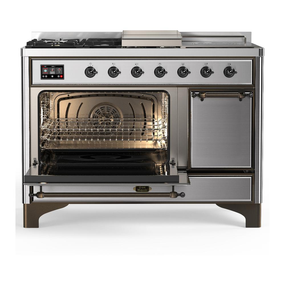 Ilve UM48FSQNR3SSB Ilve Um48Fsqnr3Ssb Majestic Iii 48 Inch Dual Fuel Range With 5 Black Brass Burners, Griddle And French Top, Dual Function Burner Up To 25,000 Btu (Natural Gas, Solid Door, Stainless Steel, Burnished)