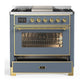 Ilve UM36FNR3BGG Ilve Um36Fnr3Bgg Majestic Iii 36 Inch Dual Fuel Range With 6 Black Brass Burners And Griddle, Dual Function Burner Up To 25,000 Btu (Triple Glass Door, Blue Grey, Brass, Natural Gas)