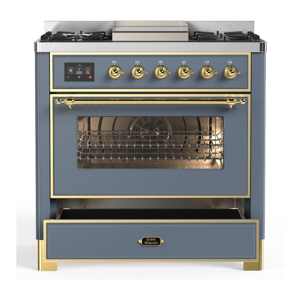 Ilve UM36FNR3BGG Ilve Um36Fnr3Bgg Majestic Iii 36 Inch Dual Fuel Range With 6 Black Brass Burners And Griddle, Dual Function Burner Up To 25,000 Btu (Triple Glass Door, Blue Grey, Brass, Natural Gas)