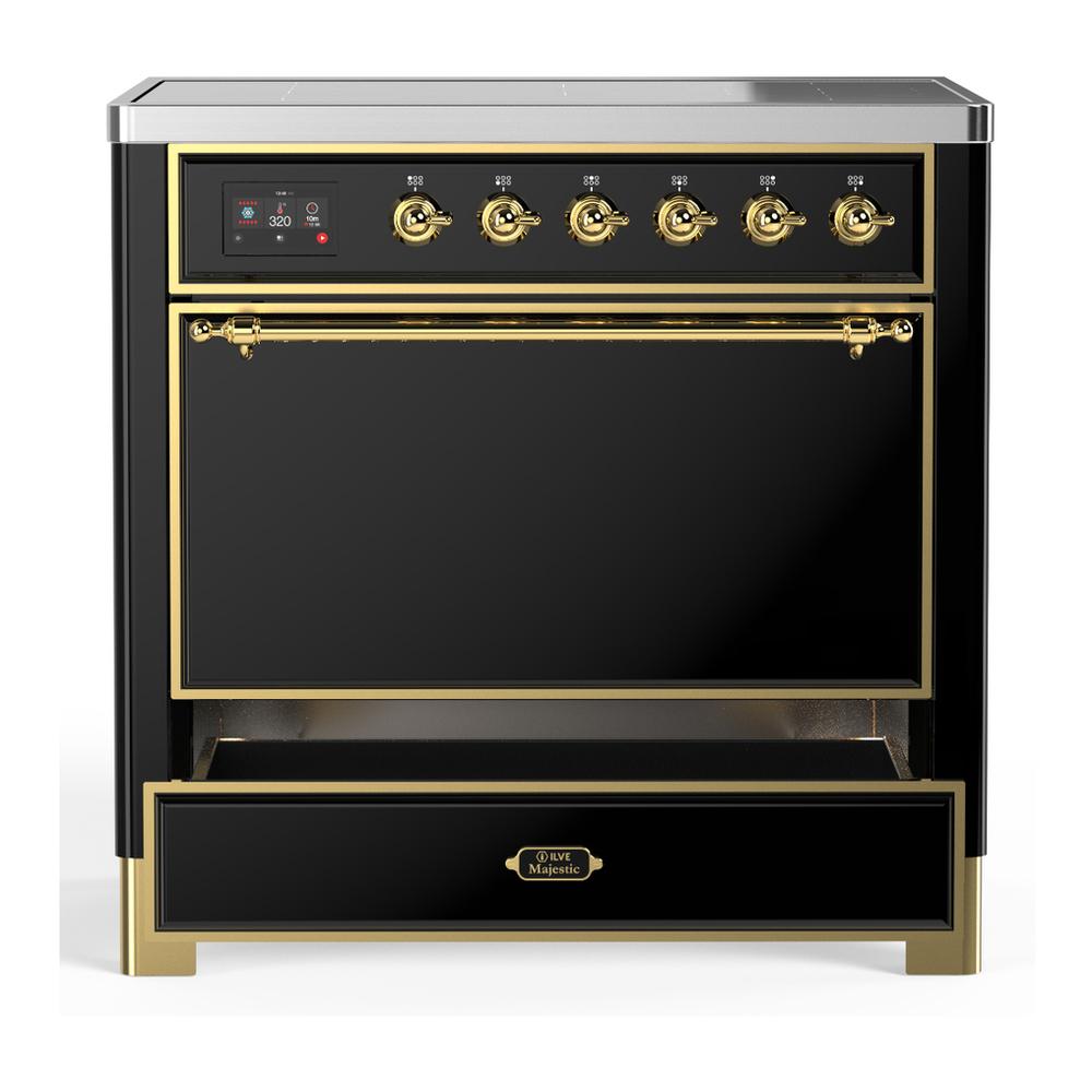 Ilve UMIB36QNR3BKG Ilve Umib36Qnr3Bkg Majestic Iii 36 Inch Induction Range With 6 Elements, 3.5 Cu. Ft. Total Oven Capacity (Solid Door, Glossy Black, Brass)