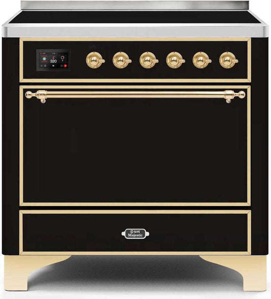Ilve UMI09QNS3BKG Majestic Ii 36 Inch Electric Freestanding Range In Glossy Black With Brass Trim