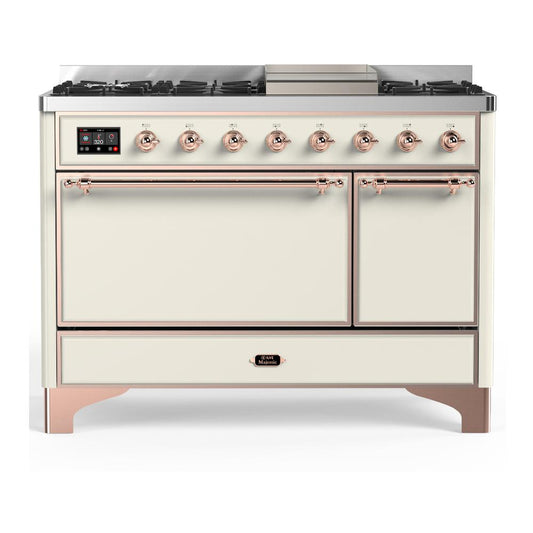 Ilve UM48FQNR3AWPLP Ilve Um48Fqnr3Awplp Majestic Iii 48 Inch Dual Fuel Range With 8 Burners And Griddle, Dual Function Burner Up To 25,000 Btu (Liquid Propane, Solid Door, Antique White, Copper)