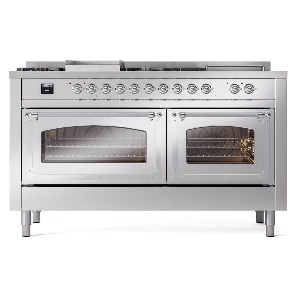 Ilve UN60FSNMPSSCLP Ilve Un60Fsnmpssclp Nostalgie Ii Noblesse 60" Dual Fuel Range (7 Sealed Burners + Griddle + French Top, Liquid Propane, Triple Glass Door, Stainless Steel, Chrome)