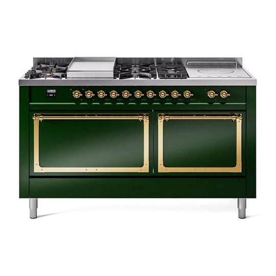 Ilve UN60FSQNMPEGG Ilve Un60Fsqnmpegg Nostalgie Ii Noblesse 60" Dual Fuel Range (7 Sealed Burners + Griddle + French Top, Natural Gas, Solid Door, Emerald Green, Brass)