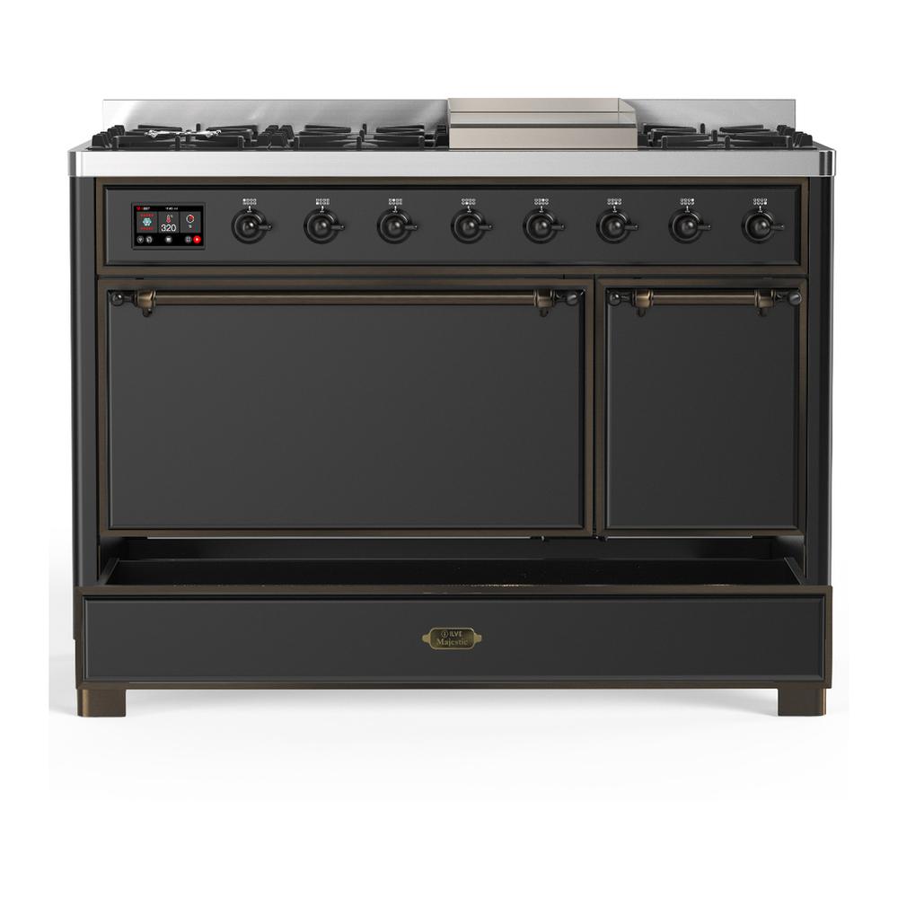 Ilve UM48FQNR3MGB Ilve Um48Fqnr3Mgb Majestic Iii 48 Inch Dual Fuel Range With 8 Burners And Griddle, Dual Function Burner Up To 25,000 Btu (Natural Gas, Solid Door, Graphite Matte, Burnished)